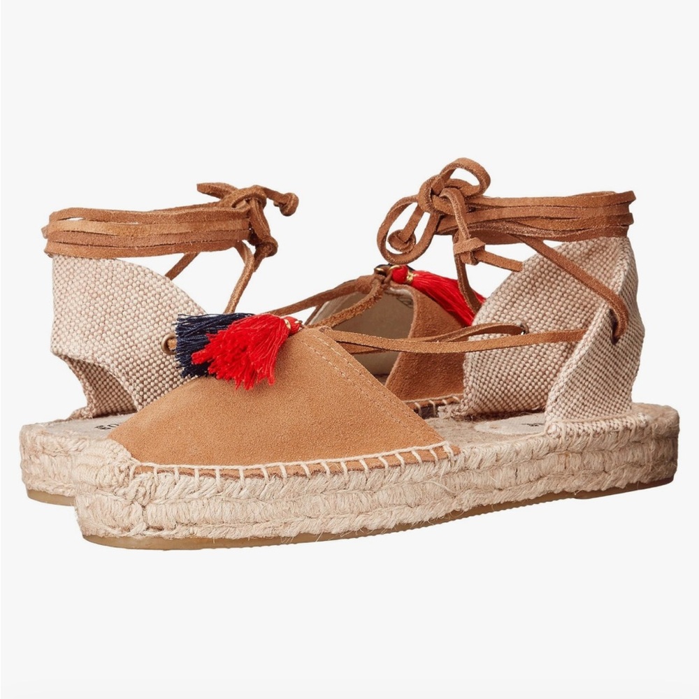 Soludos Lauren Tan Suede Lace Up Tassel Espadrille Flat Sandals Size 10